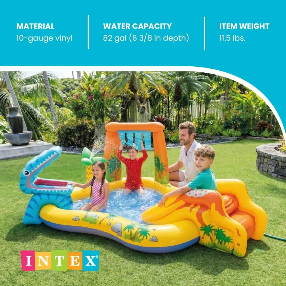 Inflatable Dinosaur Play Center, Outdoor Inflatable Water Park with Slide, Water Sprayer, Waterfall, 6 Balls, Kids Pool Playhour