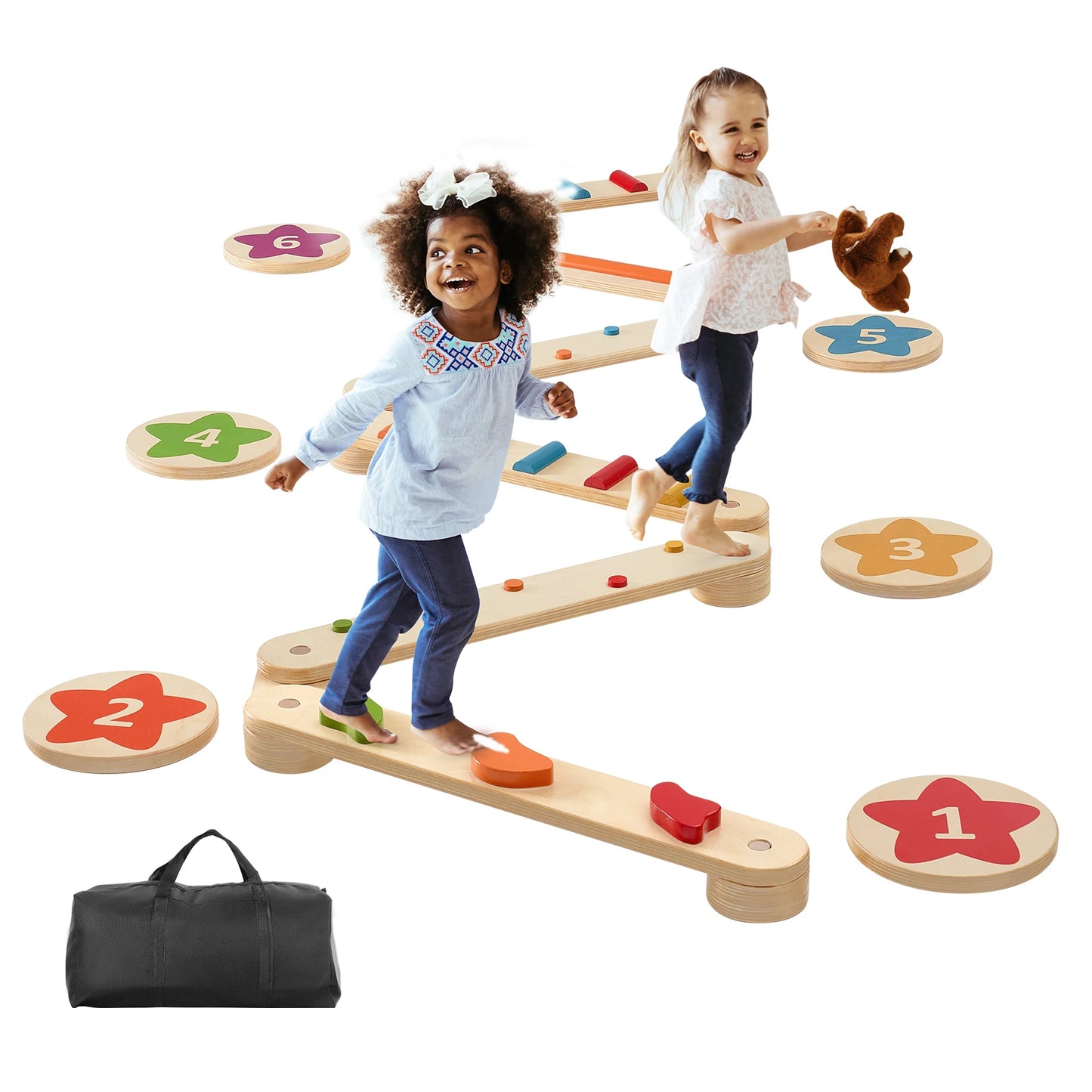 6 PCS Balance Beam Stepping Stones Indoor Outdoor Wooden Toddler Balance Boards for Kids 2-6 Children Montessori Toy