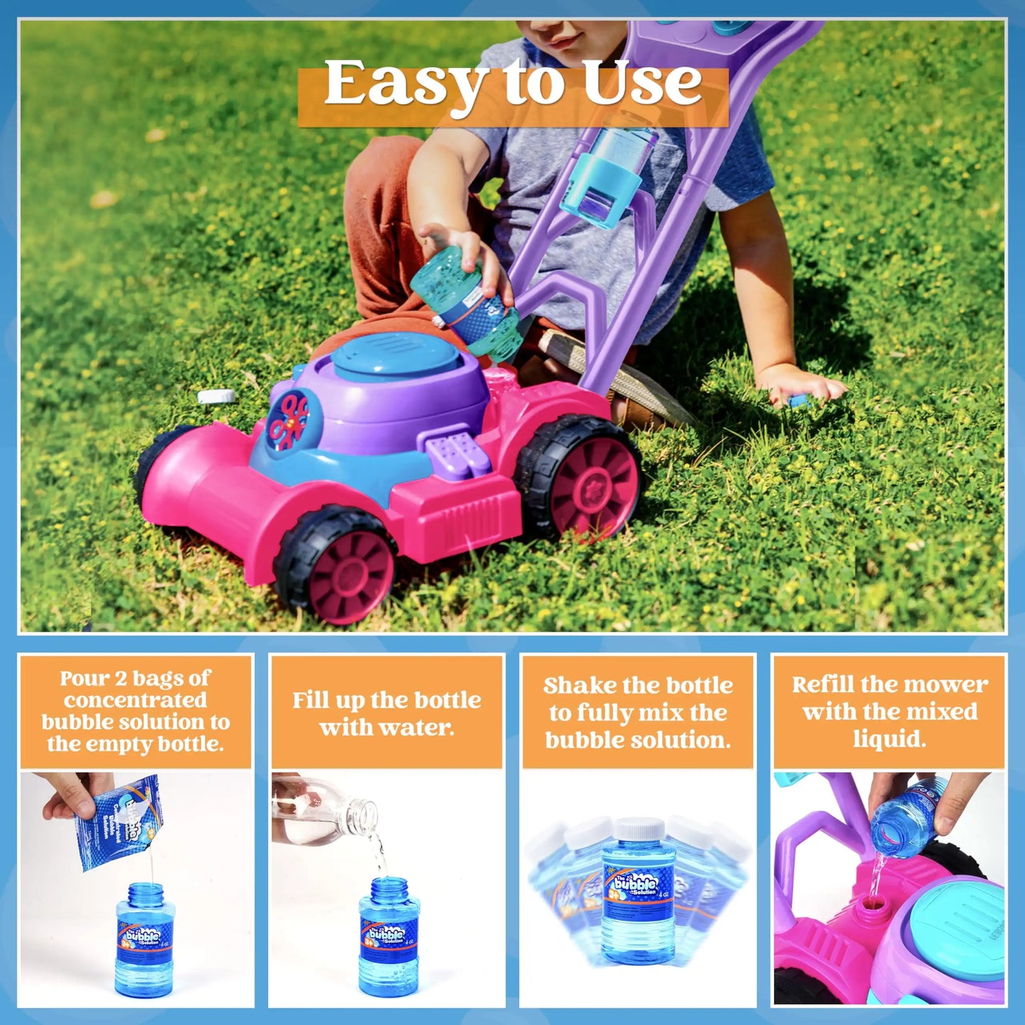 Bubble Machine Bubble Lawn Mower Summer Outdoor Toys Pink Bubble Blower for Kids 3-6 Birthday Gifts