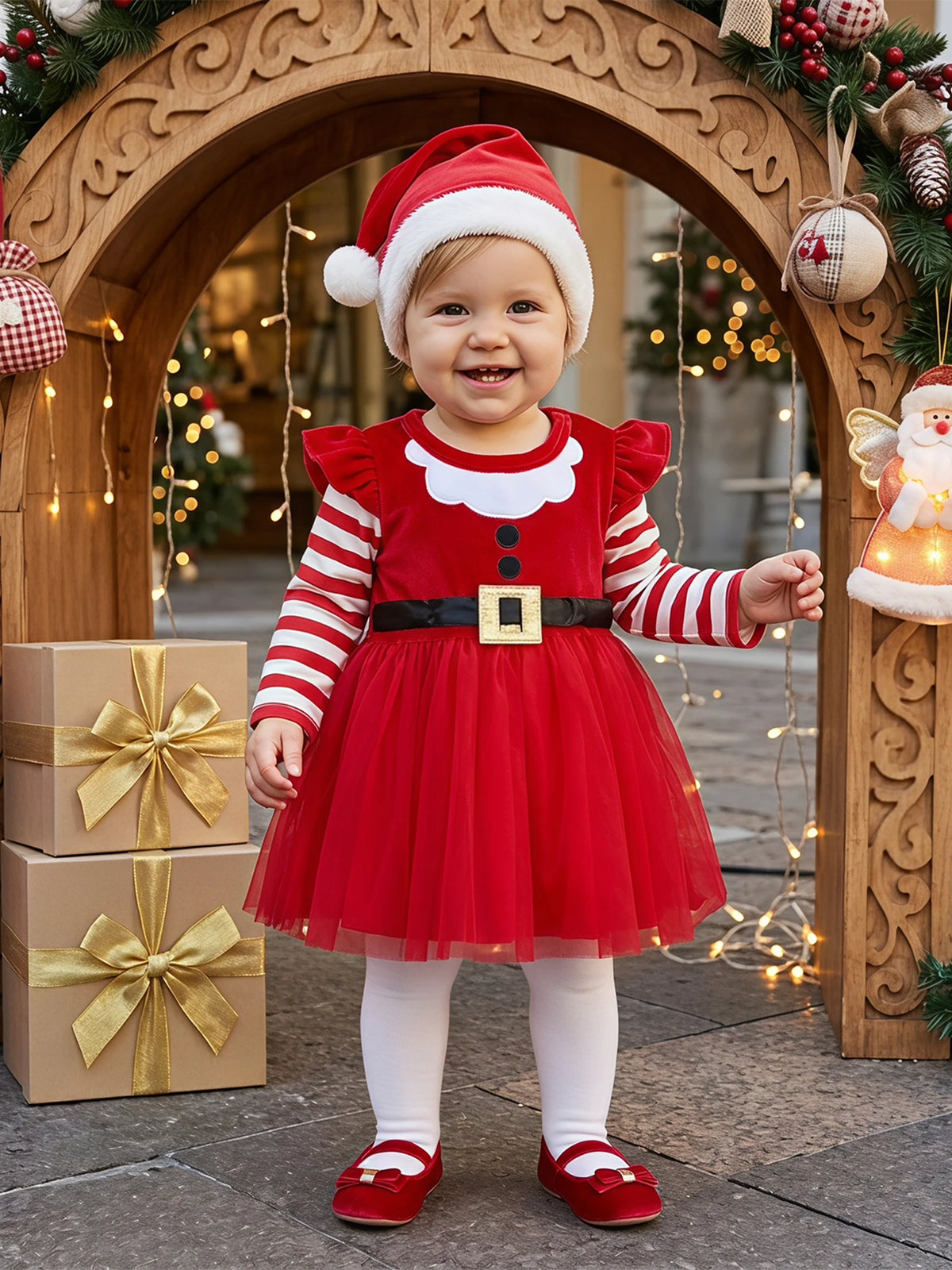 Girl Christmas Striped-Sleeve-Tulle Long Sleeve Striped Sleeve Baby Girl Christmas Long Striped Sleeve Long-Striped