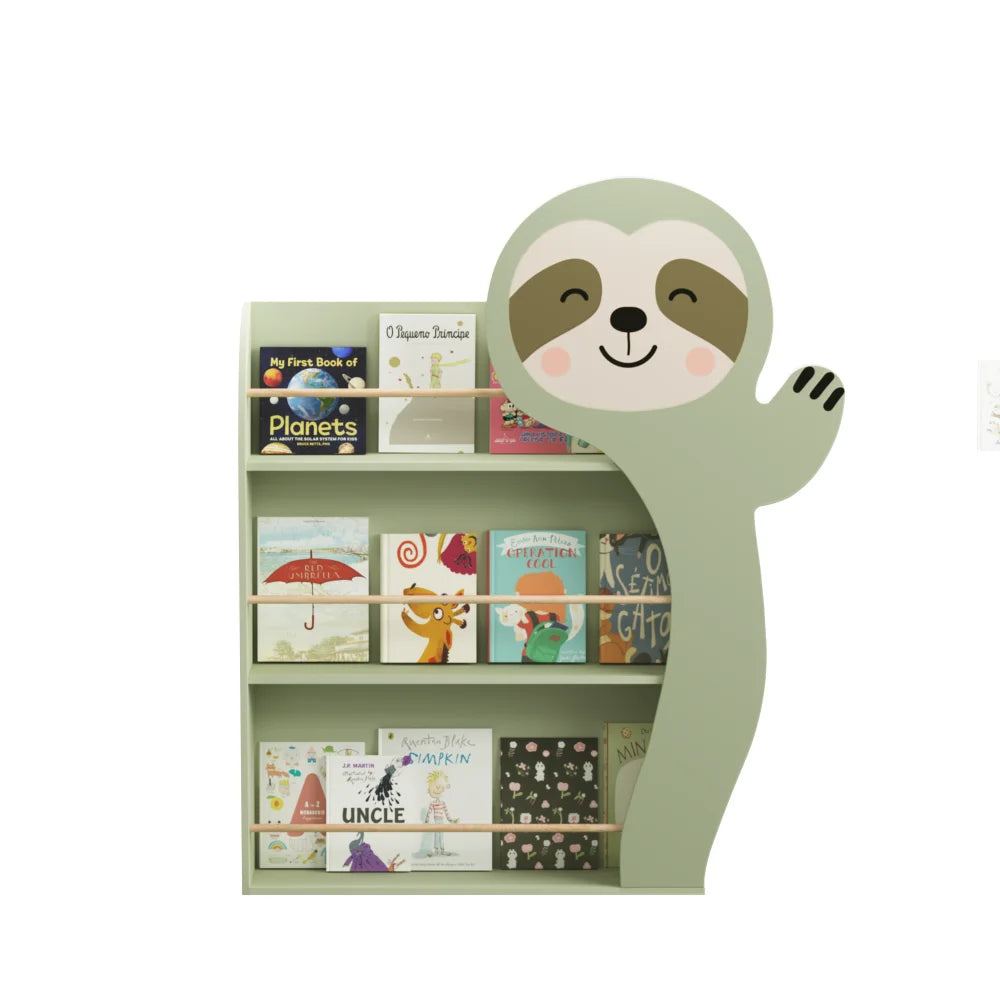 Sloth Kids Bookshelf, Front-Facing Toddler Book Display Rack with 3 Tiers, Cute Animal Design, Wooden Nursery Bookshelf for Playroom, Bedroom & Reading Corner, Safe & Sturdy Storage Organizer