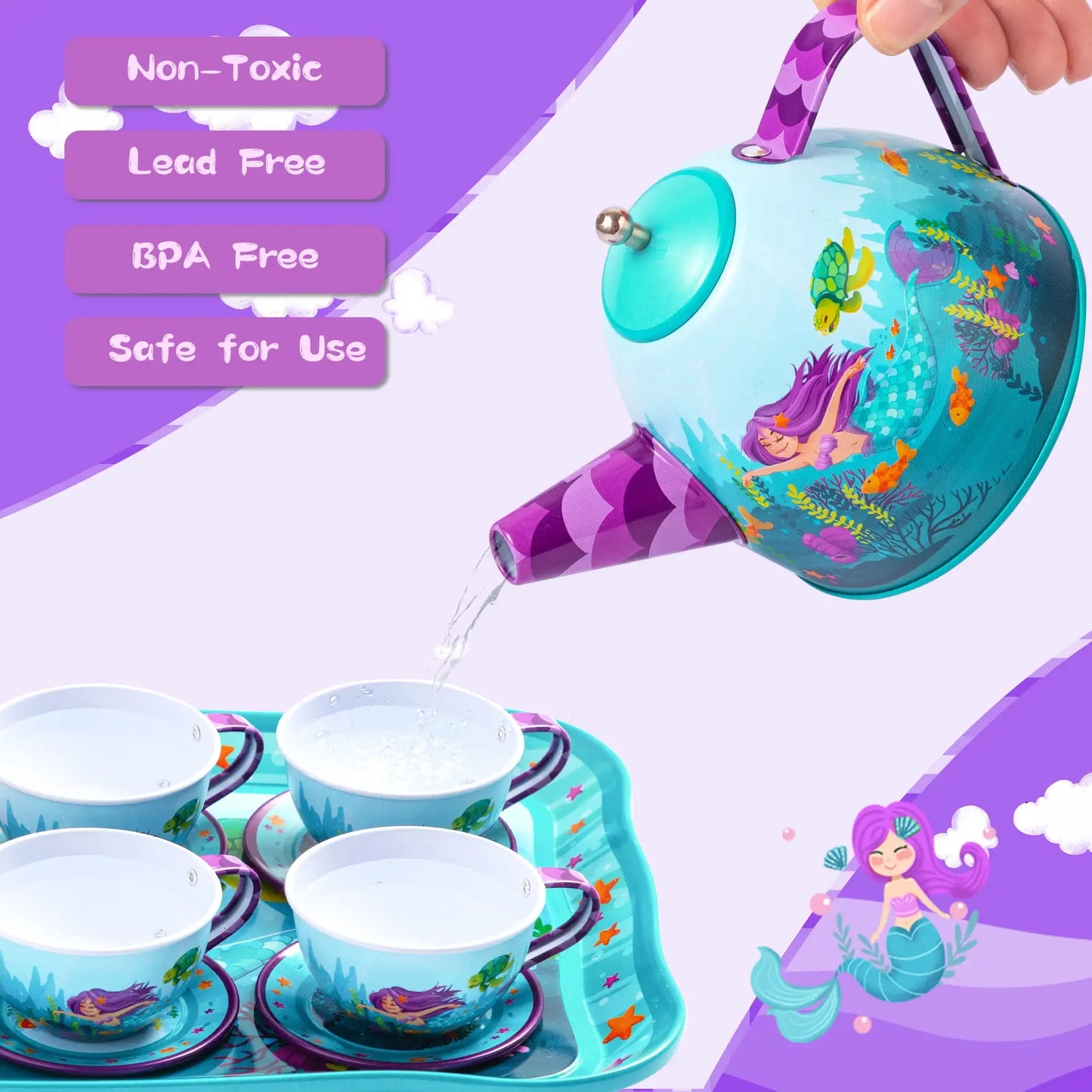 Kid Tea Set Mermaid Tea Party Set Princess Pretend Play Tin Teapot Set Kitchen Toy for Girls Toddlers 2 3 4 5 6 Years Old