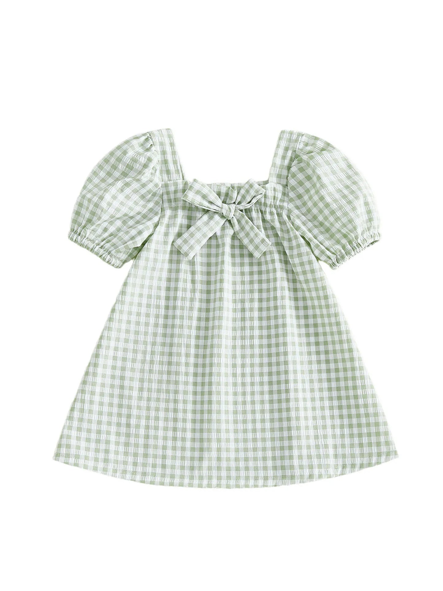 Stylish Toddler Girls Plaid Dress with Short Sleeves Square Collar and Adorable Bow Detail - Perfect for Summer