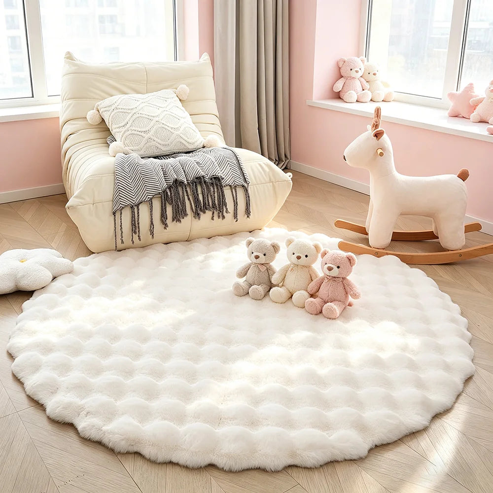Round Bubble Faux Rabbit Fur Rug Soft Plush Mats Cream Style Bedroom Bedside Carpet Kids Play Floor Mat for Living Room Nursery