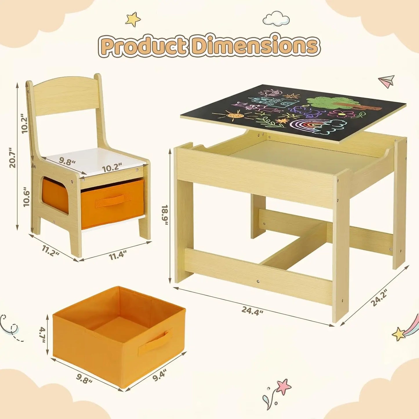 Kids Table and Chair Set, 4 in 1 Wooden Children Activity Table w/Storage, Reversible Deskboard, Blackboard,, Customized