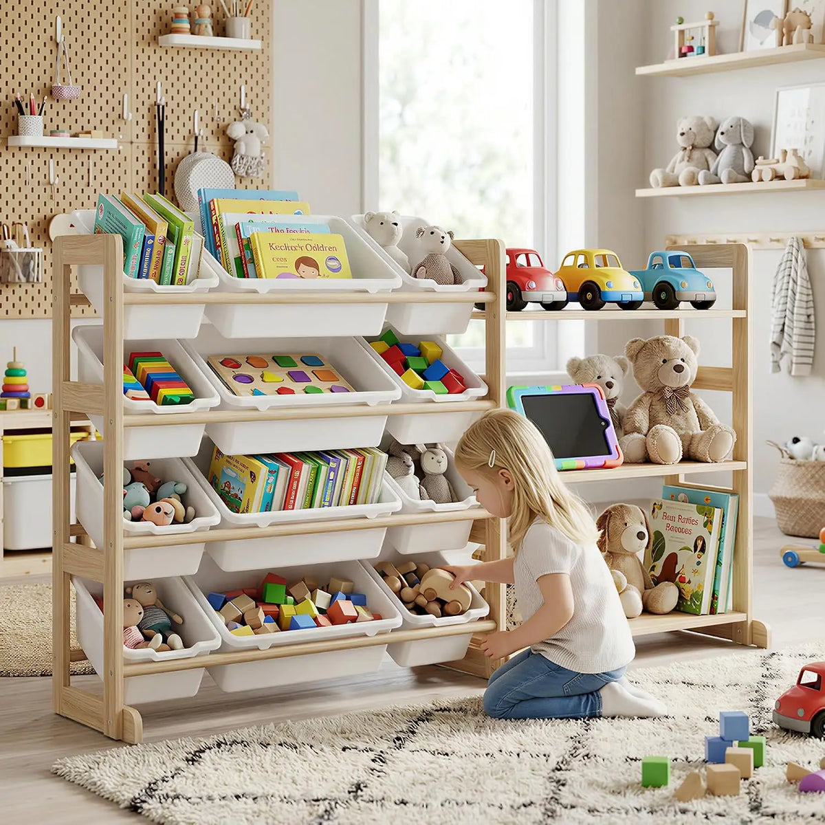 Toy Storage Organizer for Kids, 12 Bins with 3 Open Shelves, 56" Tall Wooden Bookshelf Display Rack, Solid Pine Natural Finish, Sturdy Toddler Room Shelf Unit for Playroom, Bedroom & Nursery