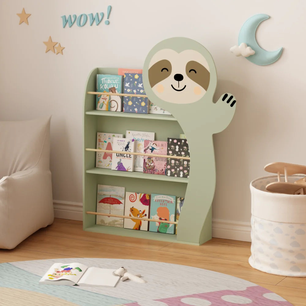 Sloth Kids Bookshelf, Front-Facing Toddler Book Display Rack with 3 Tiers, Cute Animal Design, Wooden Nursery Bookshelf for Playroom, Bedroom & Reading Corner, Safe & Sturdy Storage Organizer
