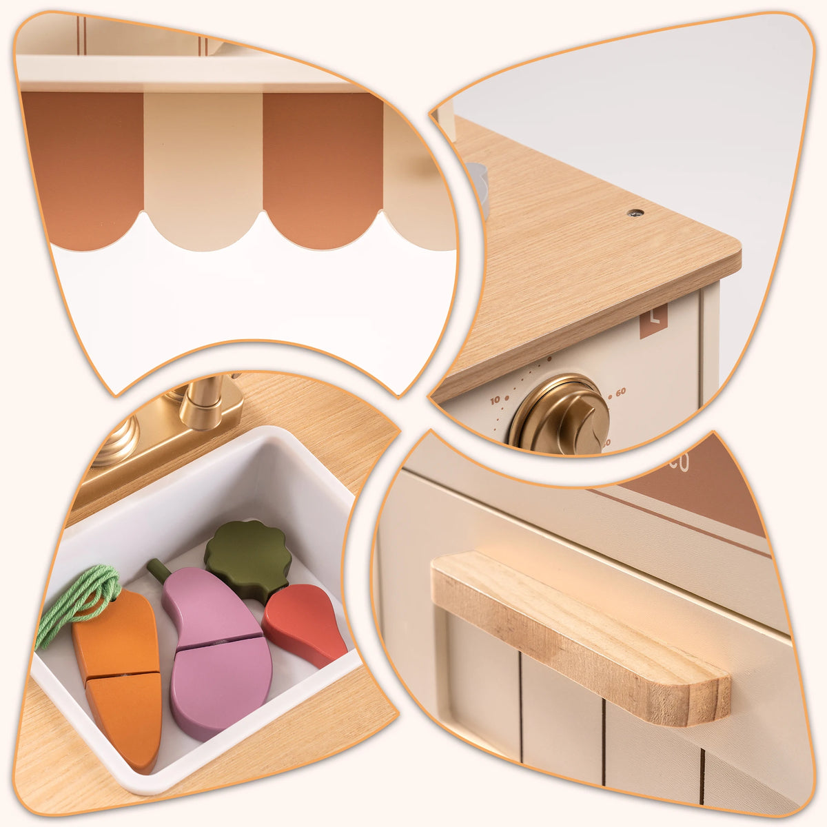 Play Kitchen for Kids Toddlers Wooden Pretend Play Kitchen Set Toy with Cutting Food Set Toys Kitchen Gift for 3+ Kids Beige