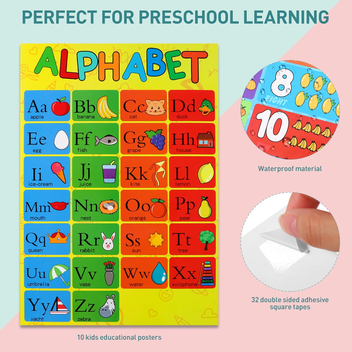 10PCS Educational Preschool Posters Charts for Preschoolers Toddlers Kids Kindergarten Classrooms Includes Alphabet Letters Colors Days of the Week Numbers 1-10 Numbers 1-100 Farm Animals Seasons Weathers Months Shapes