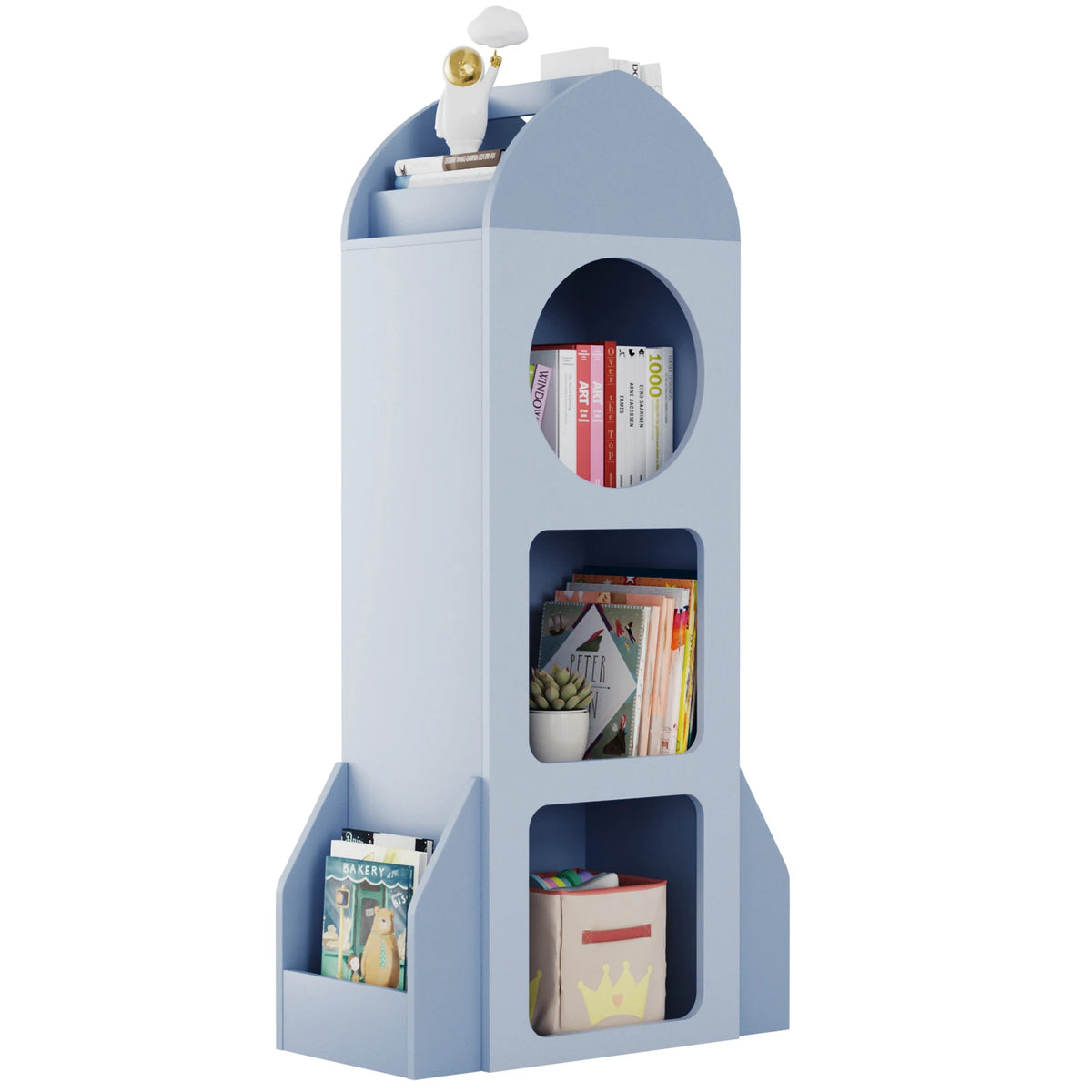 Kids Bookshelf & Toy Storage, 3-Tier Rocket Baby Book Shelf Side shelves, Wood Open Toddler Bookcase, Spacious Display Organizer