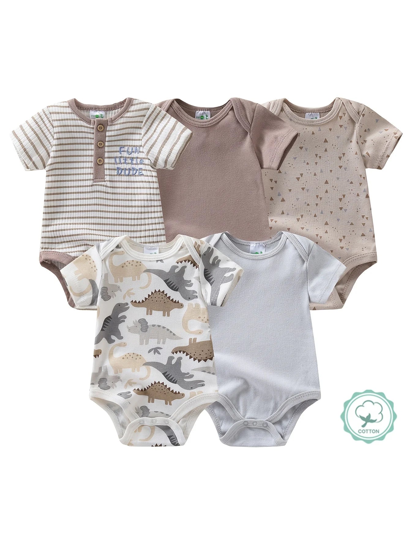 5pcs Newborn Baby Boy Short Sleeve Bodysuits, Cotton Cute Dinosaur Cartoon Rompers, Infant 1pc Jumpsuits, Round Neck Summer Outfits, Hospital Bag Essentials (Boys), Perfect for Outdoor