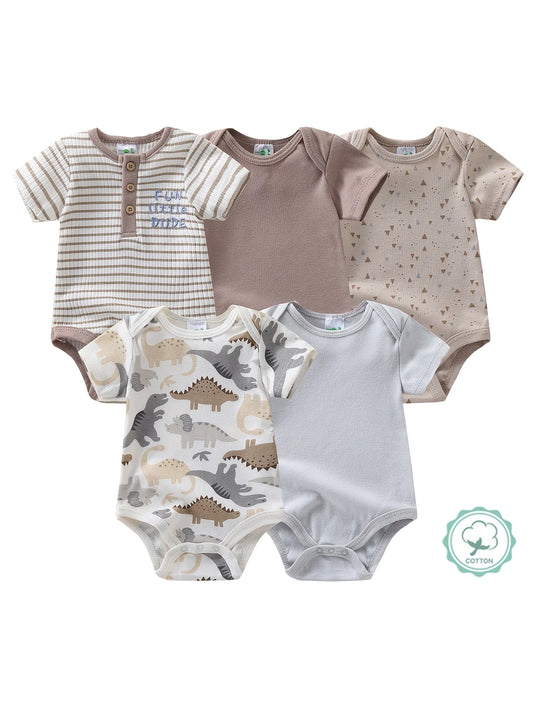 5pcs Newborn Baby Boy Short Sleeve Bodysuits, Cotton Cute Dinosaur Cartoon Rompers, Infant 1pc Jumpsuits, Round Neck Summer Outfits, Hospital Bag Essentials (Boys), Perfect for Outdoor