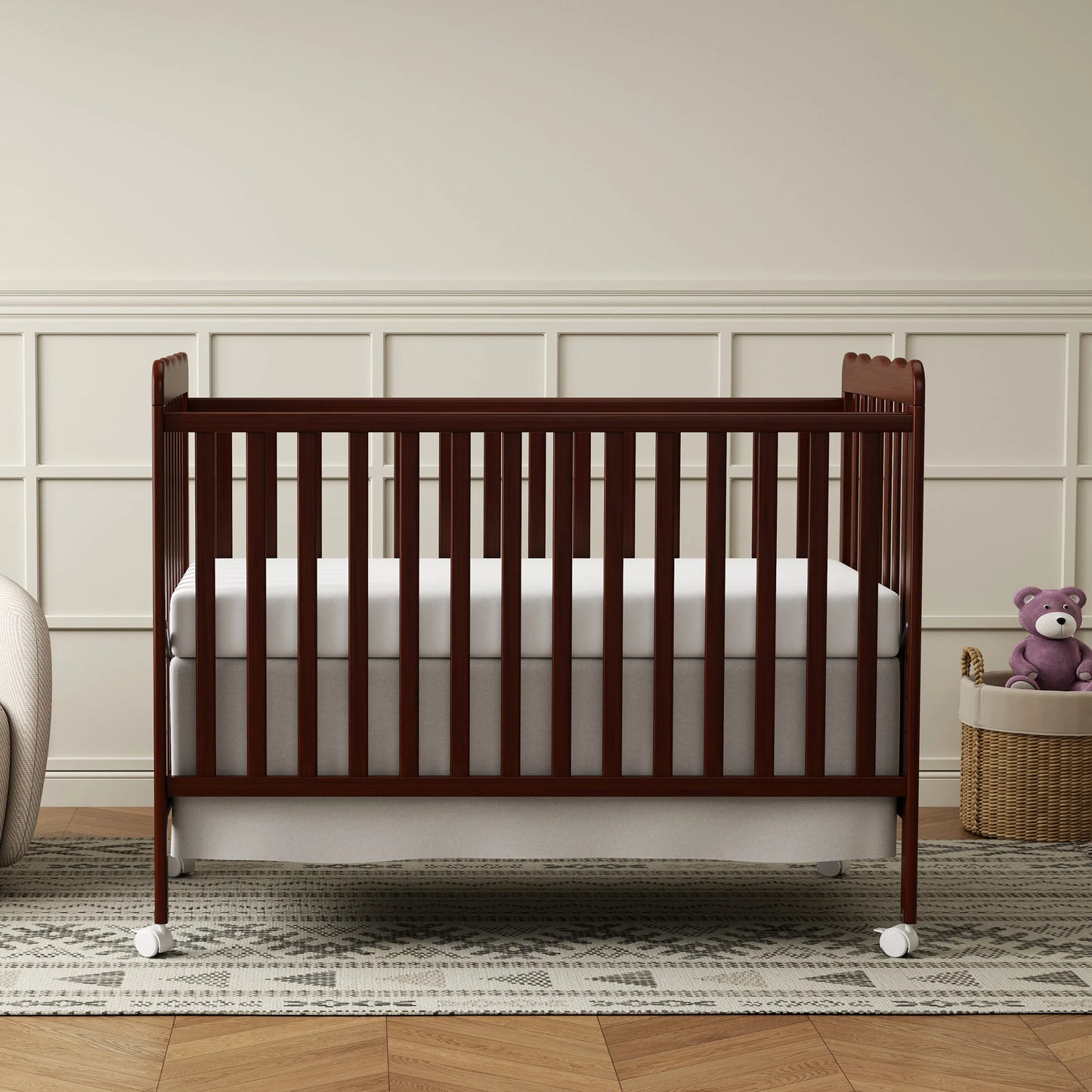 4-in-1 Convertible Wooden Baby Crib, Converts to Toddler Bed & Daybed, 3 Adjustable Mattress Heights, Non-Toxic Finish, Removable Wheels