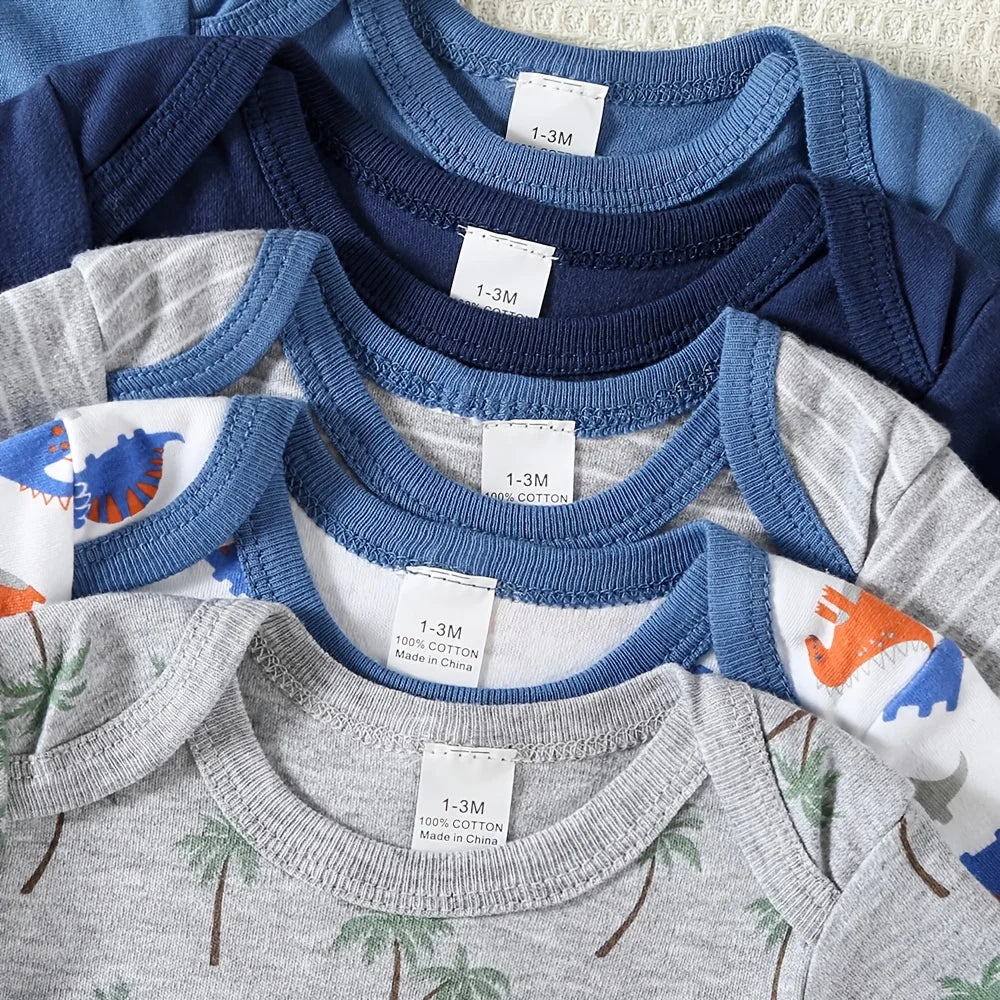 5pcs Baby Boy Triangle Rompers, Creative Bodysuits And Short Crawlers, Short Sleeve Jumpsuits with Dinosaur Pattern, Soft And Breathable Casual Infant Wear, Newborn Hospital Essentials,  for Outdoor