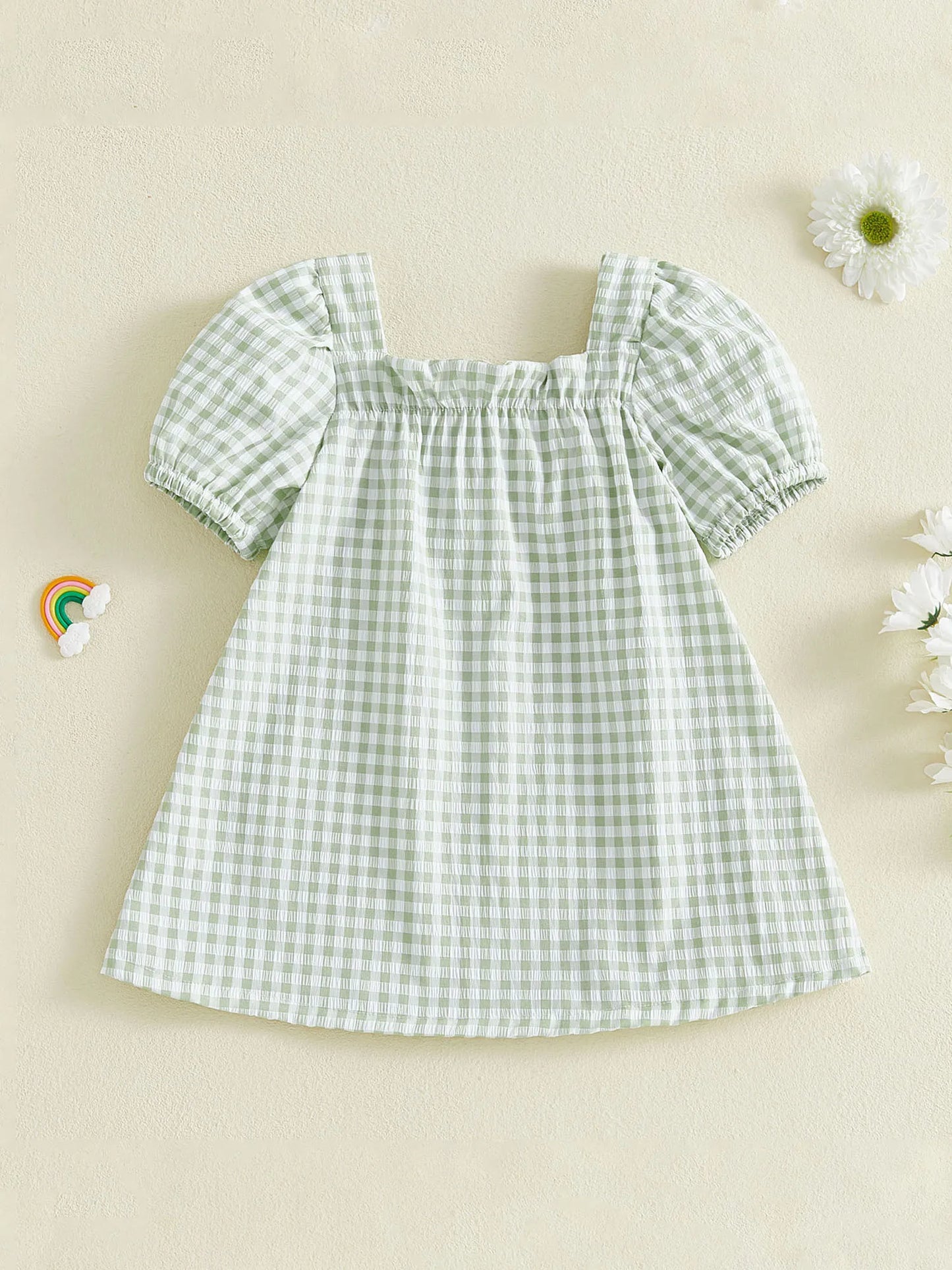 Stylish Toddler Girls Plaid Dress with Short Sleeves Square Collar and Adorable Bow Detail - Perfect for Summer