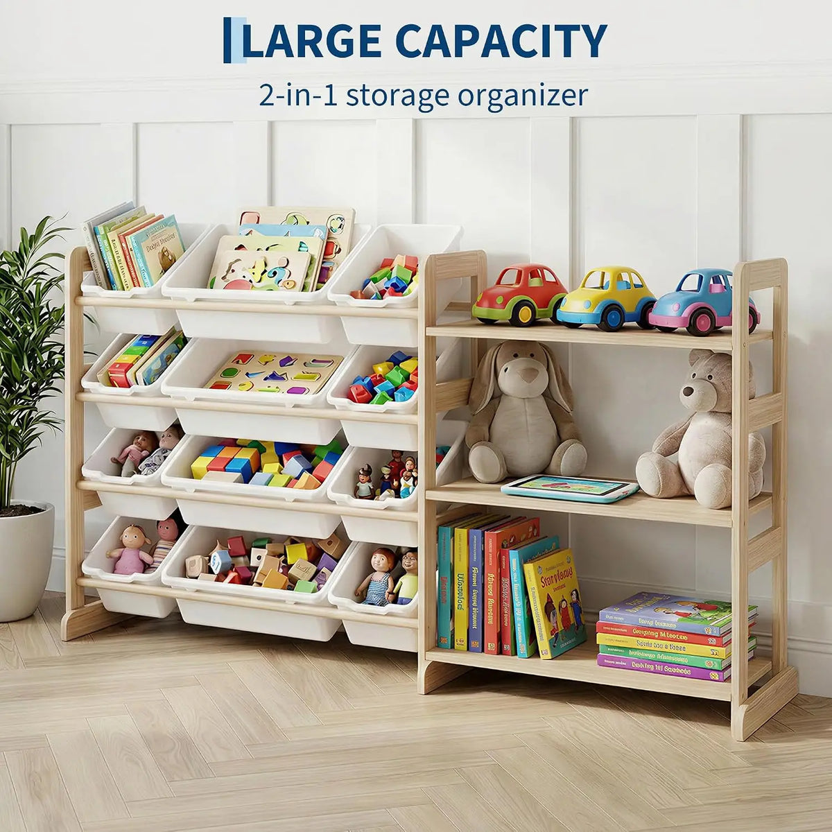 Toy Storage Organizer for Kids, 12 Bins with 3 Open Shelves, 56" Tall Wooden Bookshelf Display Rack, Solid Pine Natural Finish, Sturdy Toddler Room Shelf Unit for Playroom, Bedroom & Nursery