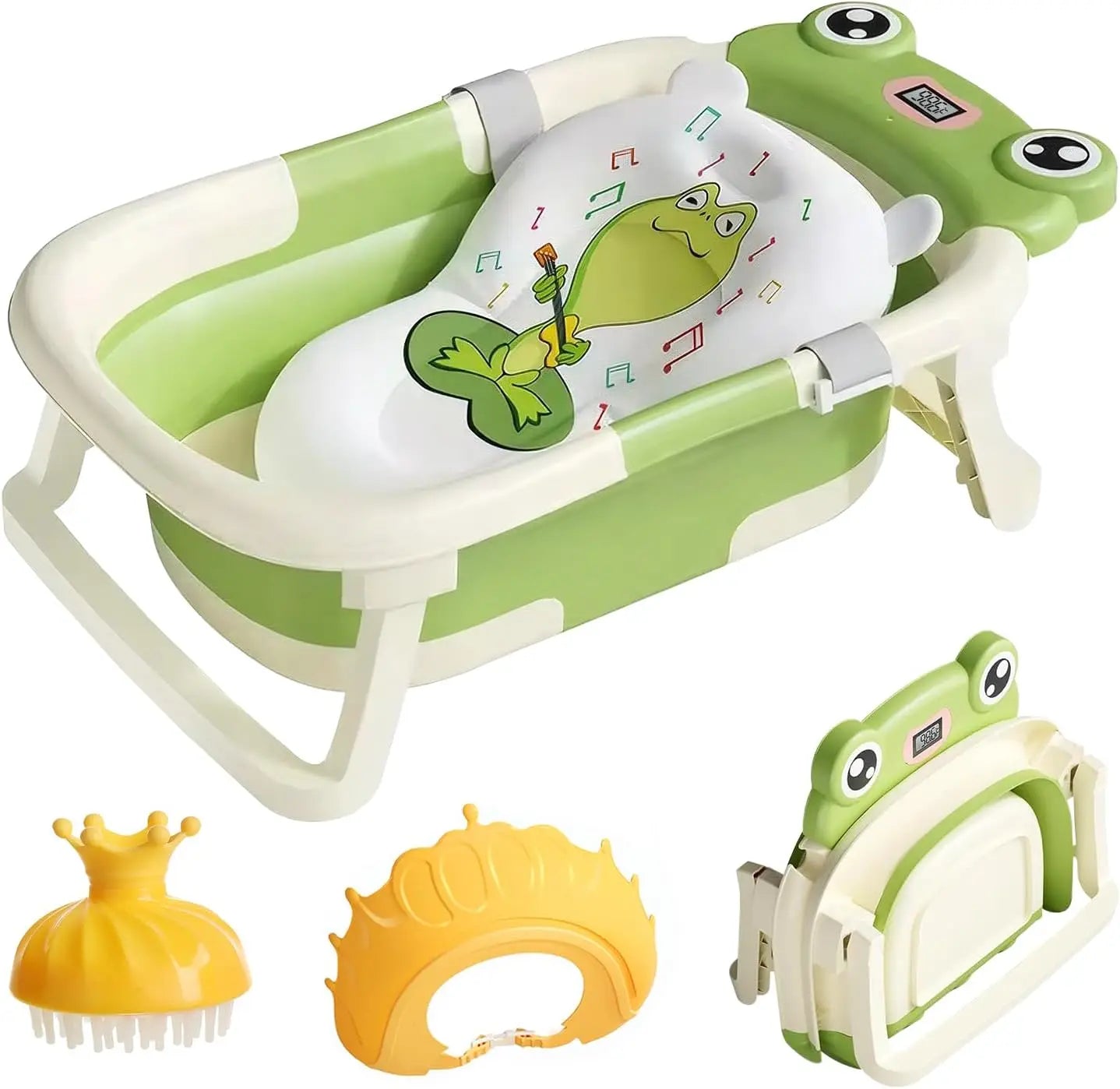 Baby Bath Tub with Bath Cushion Foldable Bathtub with Thermometer Shower Cap Shower Brush for Newborn and Toddler 0-36 Months