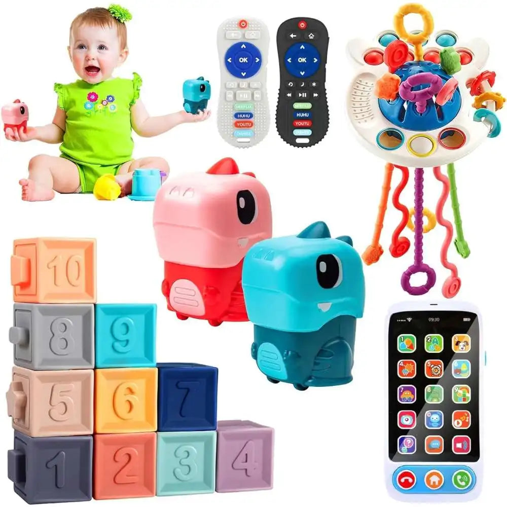 Montessori Baby Toys for 6-36 Months - Pull String Teether, Analog Cell Phone, Sensory Shapes Simulation Remote Control