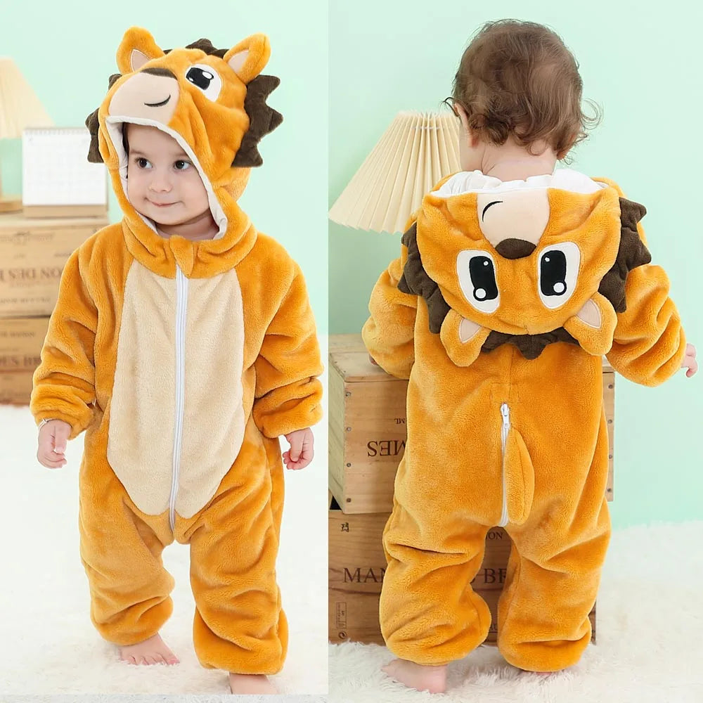 Cute Flannel Animal Rompers for Baby Winter Kid 1 2 3 4 Years Cartoon Jumpsuit Boy Girl Long Sleeve Hooded Playsuit Thick Pajama