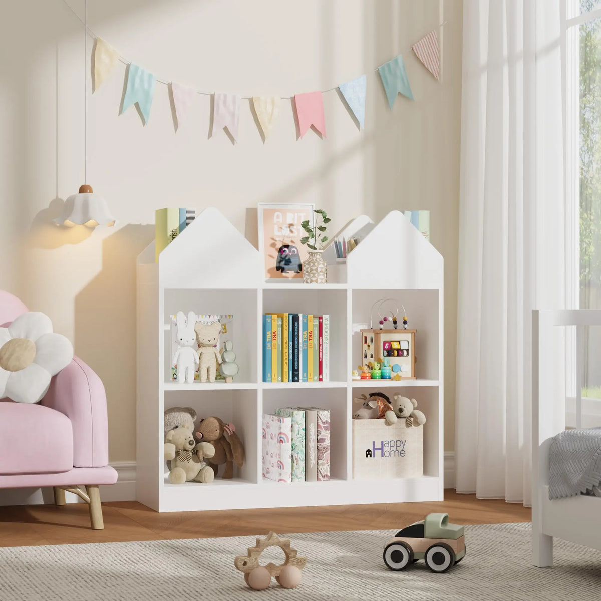 Kids Bookshelf And Toy Storage Organizer With 4 Book Racks 6 Open Cubbies Castle Design Toddler Bookshelf Toy Chest Toy Box For Playroom Nursery Daycare