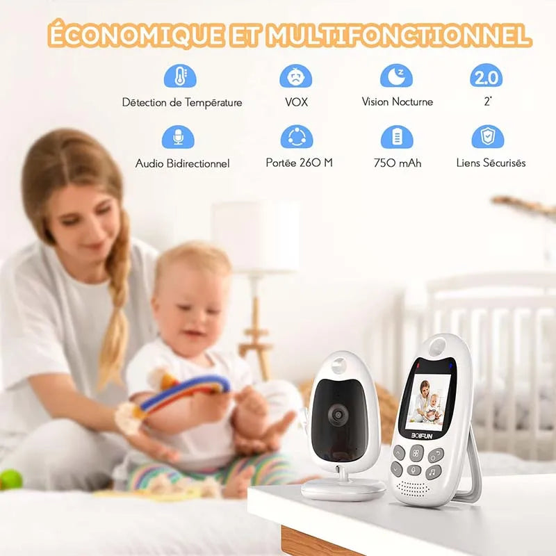 Baby Monitor with Camera Portable Vox Function Temperature Sensor Video 2.4 GHz Smart Standby 720p Bidirectional Voice