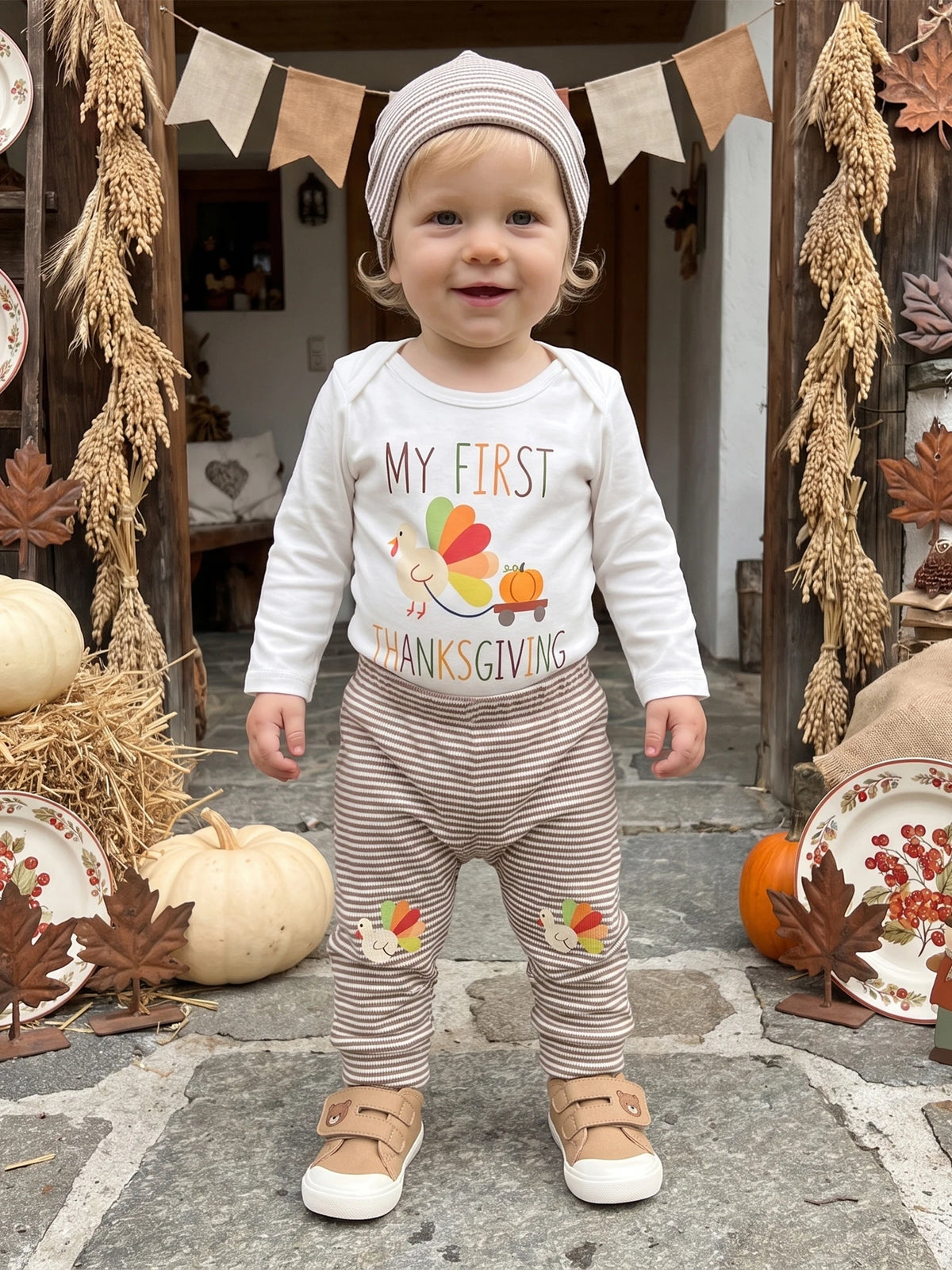 Baby Thanksgiving Outfit Thanksgiving Outfit Letter Baby Boy Thanksgiving Sleeve Stripe Stripe Pants Hat Romper Stripe Pants Top