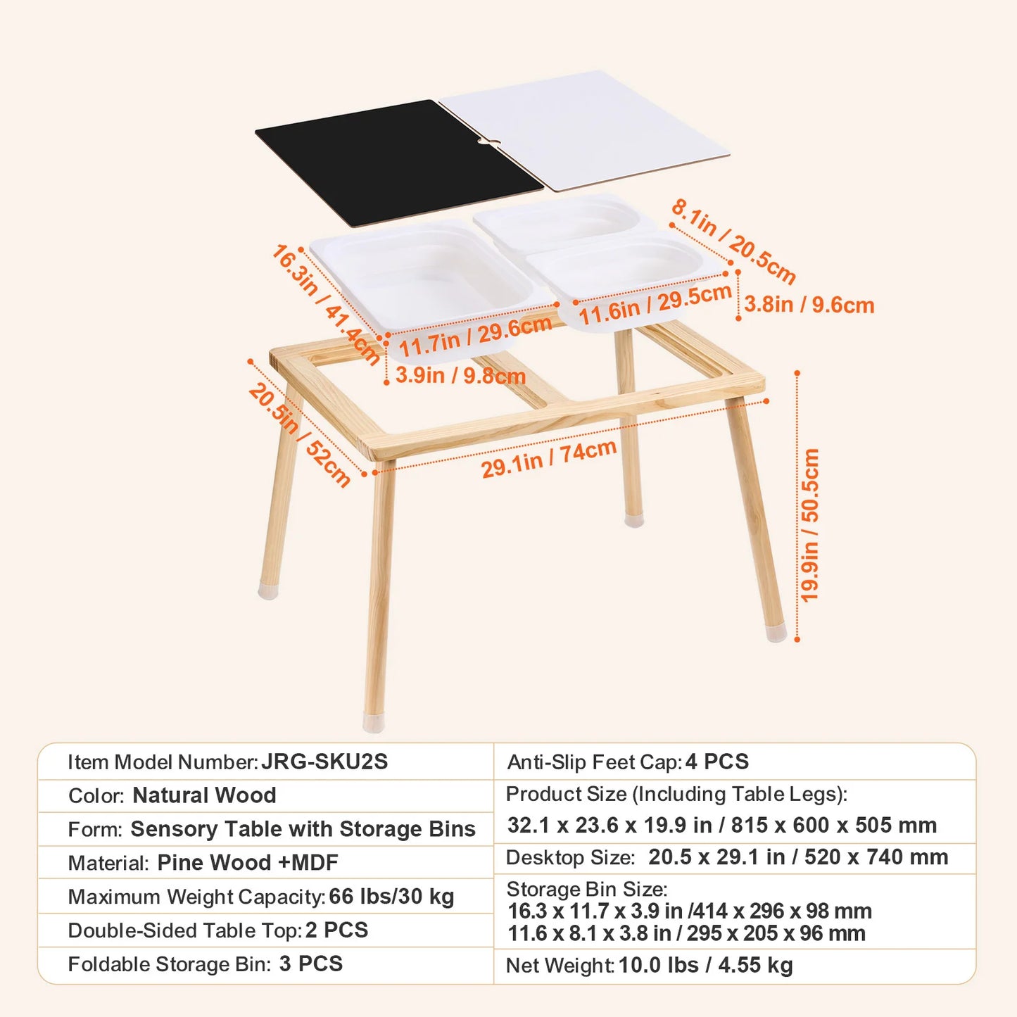 Wooden Sensory Table for Kids Activity with 3 Foldable Storage Bins & Double-Sided Board Indoor/Outdoor for Studying
