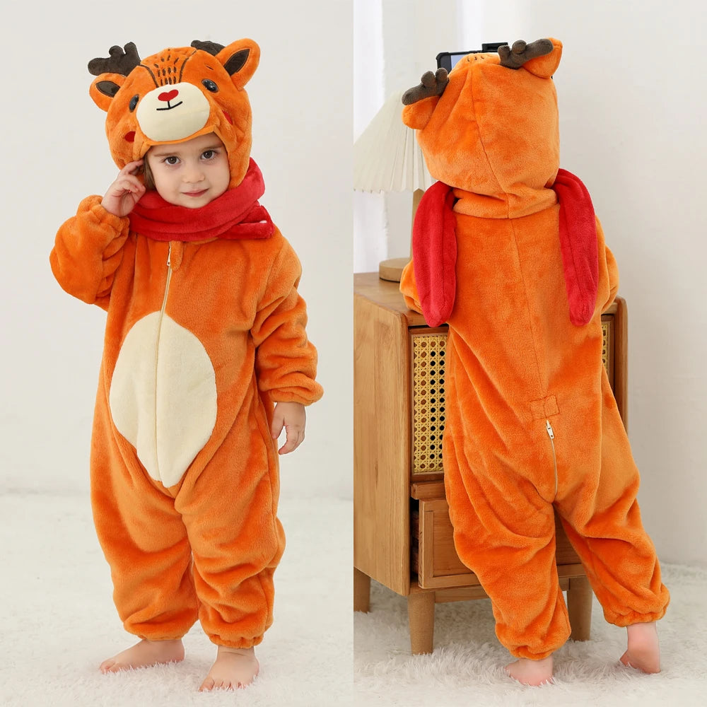 Cute Flannel Animal Rompers for Baby Winter Kid 1 2 3 4 Years Cartoon Jumpsuit Boy Girl Long Sleeve Hooded Playsuit Thick Pajama