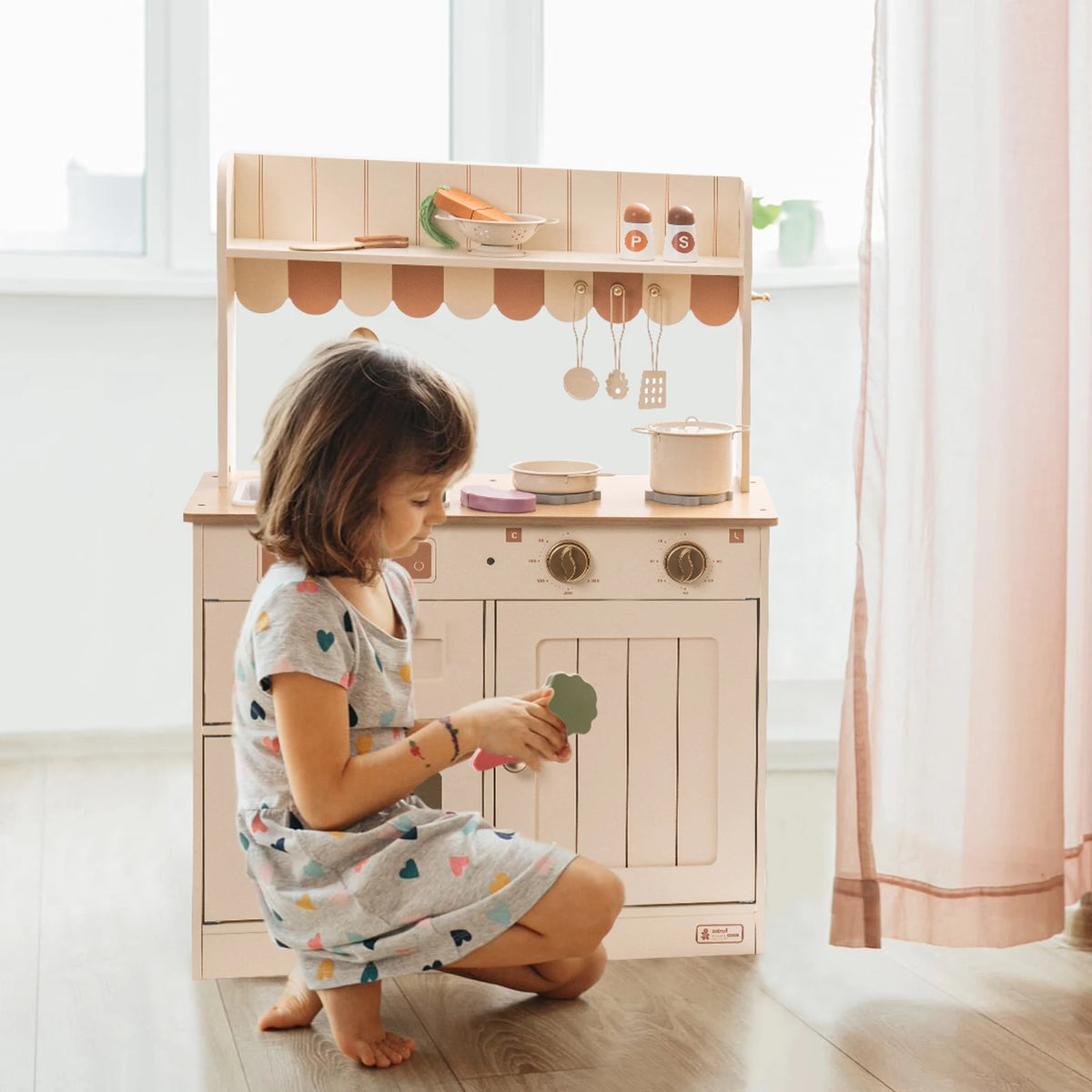Play Kitchen for Kids Toddlers Wooden Pretend Play Kitchen Set Toy with Cutting Food Set Toys Kitchen Gift for 3+ Kids Beige