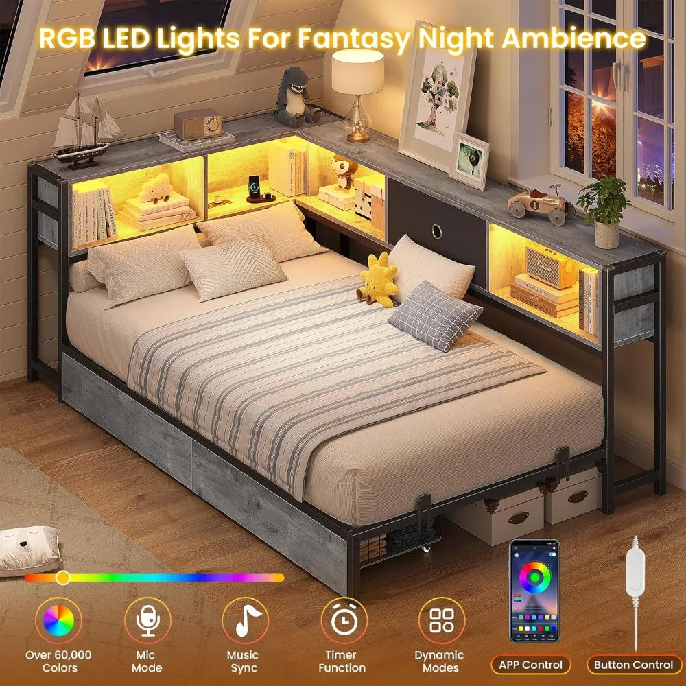 Twin Corner Bed Frame with Storage Drawers, Bookcase Headboard, LED Lights & Charging Station - Oak Gray Daybed for Kids Teens