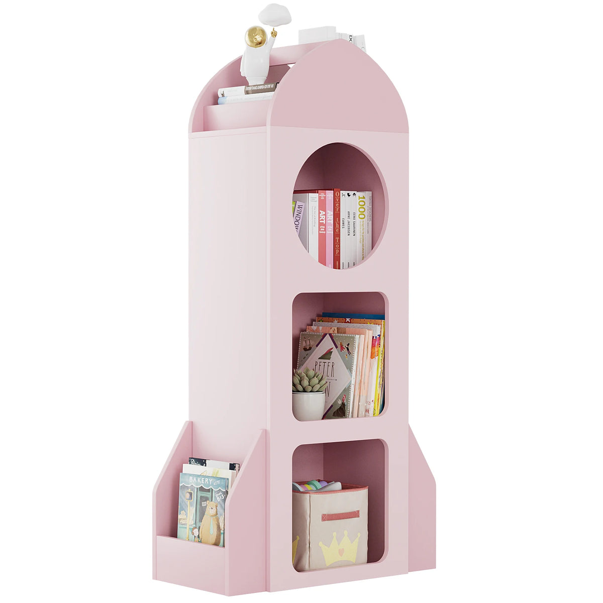 Kids Bookshelf & Toy Storage, 3-Tier Rocket Baby Book Shelf Side shelves, Wood Open Toddler Bookcase, Spacious Display Organizer