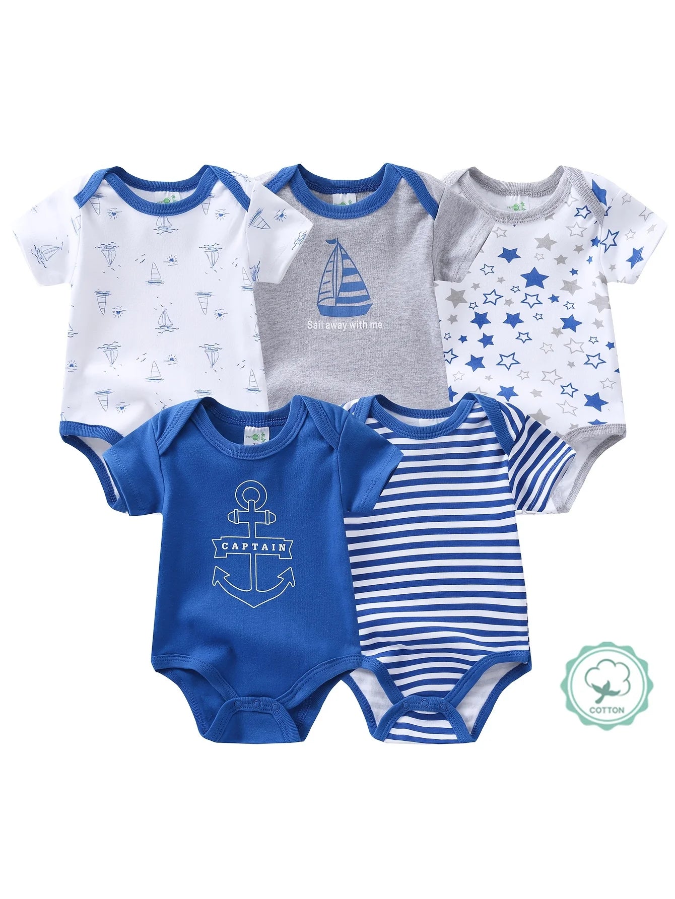 5pcs Baby Boy Triangle Rompers, Creative Baby Bodysuits, Short Crawler Onesies, Short Sleeve Jumpsuits with Sailboat Pattern, Soft Breathable Casual Infant Clothes, Newborn Hospital Essentials,  for Outdoor