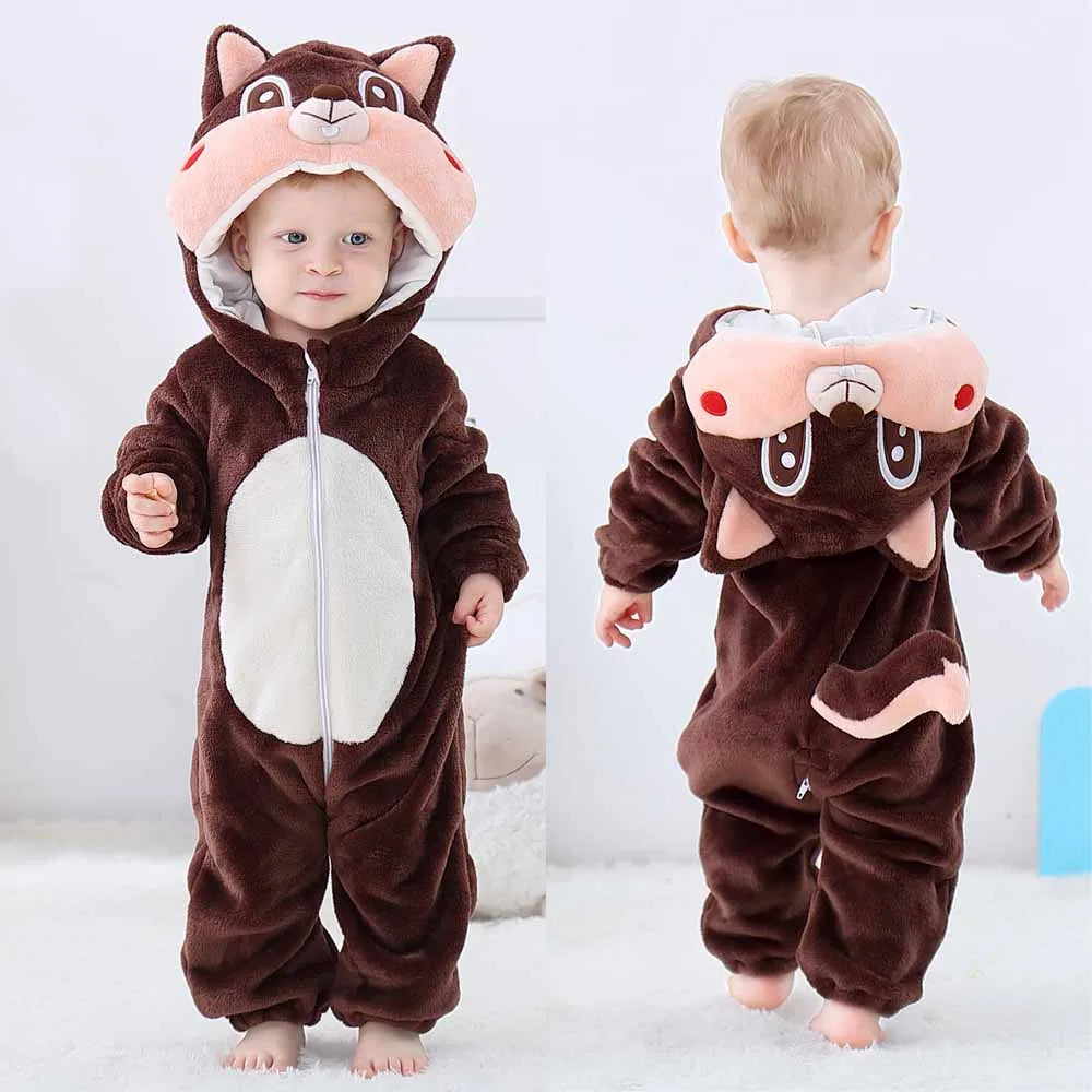 Cute Flannel Animal Rompers for Baby Winter Kid 1 2 3 4 Years Cartoon Jumpsuit Boy Girl Long Sleeve Hooded Playsuit Thick Pajama