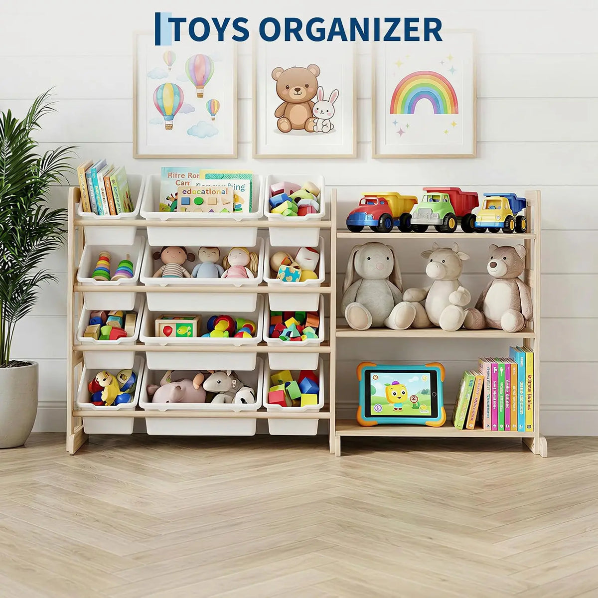 Toy Storage Organizer for Kids, 12 Bins with 3 Open Shelves, 56" Tall Wooden Bookshelf Display Rack, Solid Pine Natural Finish, Sturdy Toddler Room Shelf Unit for Playroom, Bedroom & Nursery