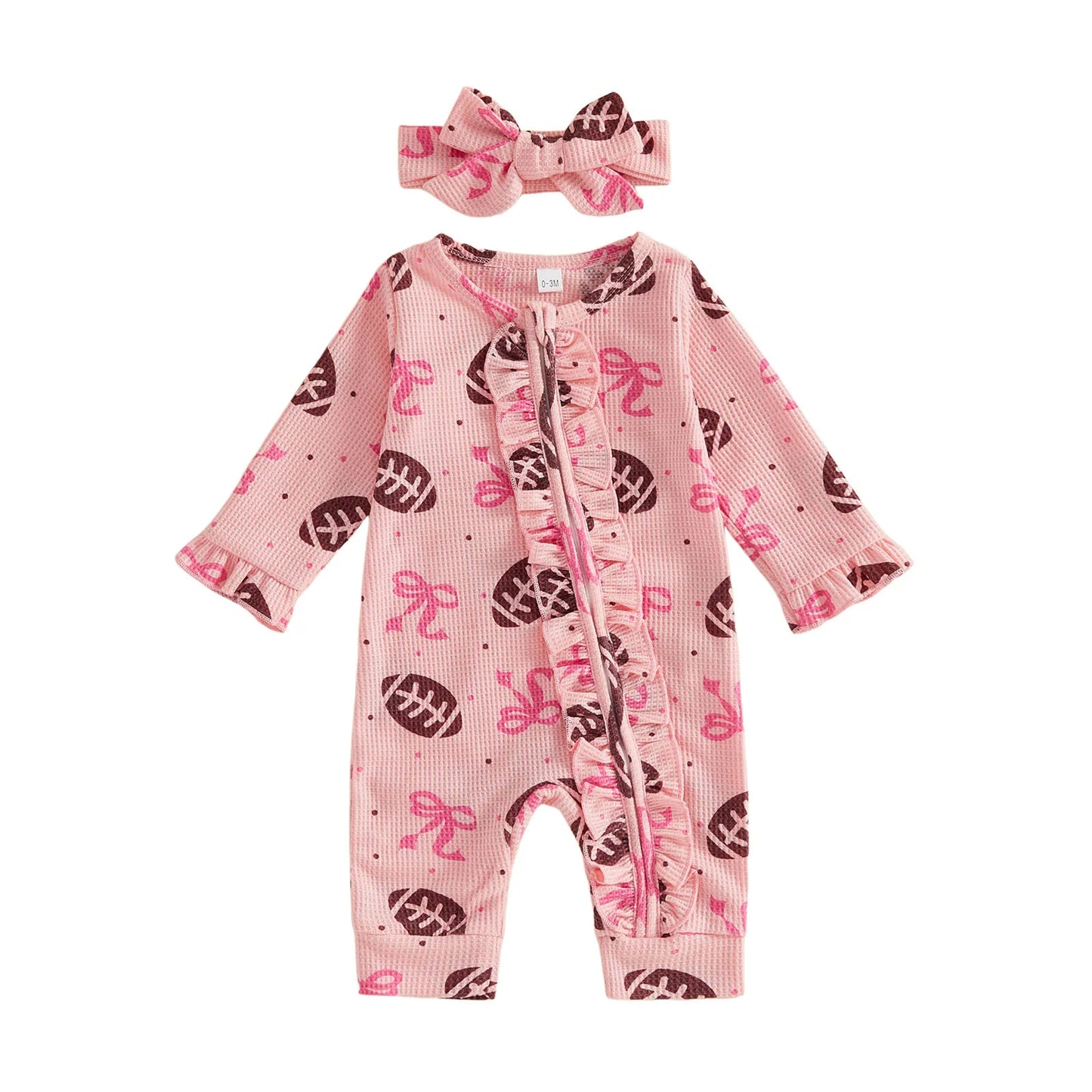 Baby Clothing Girls Fall Waffled Romper Bow Football Print Long Sleeve  Ruffled Zip Up Jumpsuit with Headband Newborn Clothes