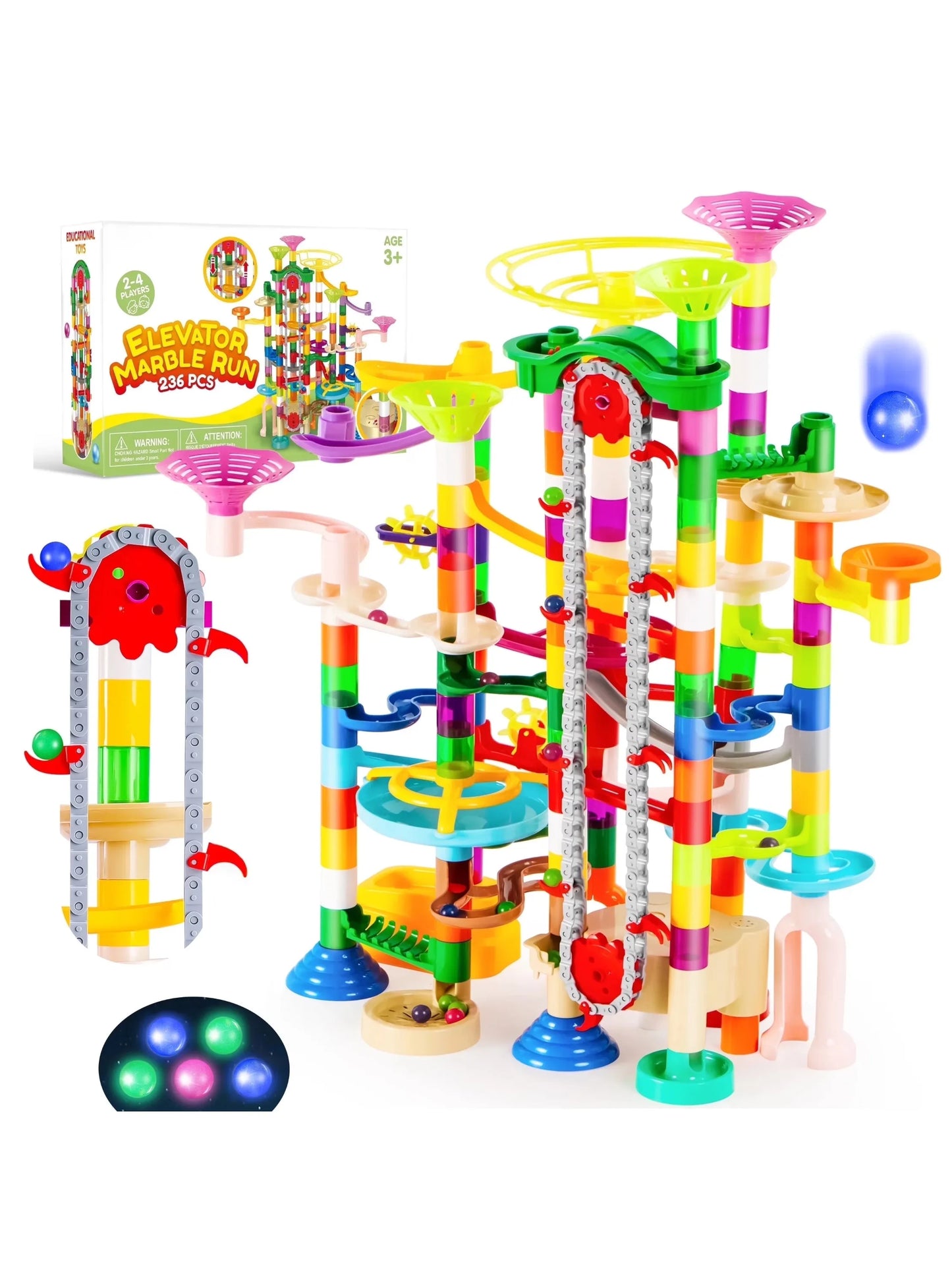 236 Pcs Glowing Marble Run with Motorized Elevator Construction Building Blocks STEM Educational Toys Set for Kid Ages 4-8